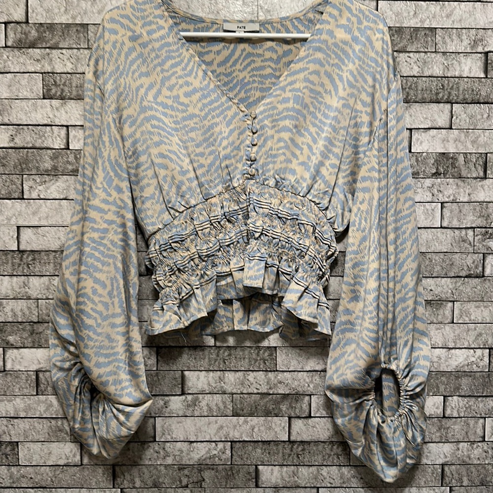 Fate Blouse. Size small. Light blue, and cream.